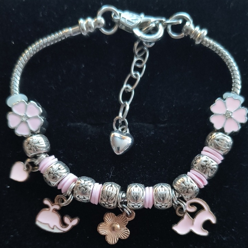 Pink Silver Tone Charm Bracelet 7.5" Whale Cat